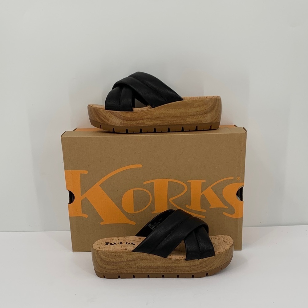 Korks Faithe slide platform wedge sandal black slide criss cross wood heel new 6